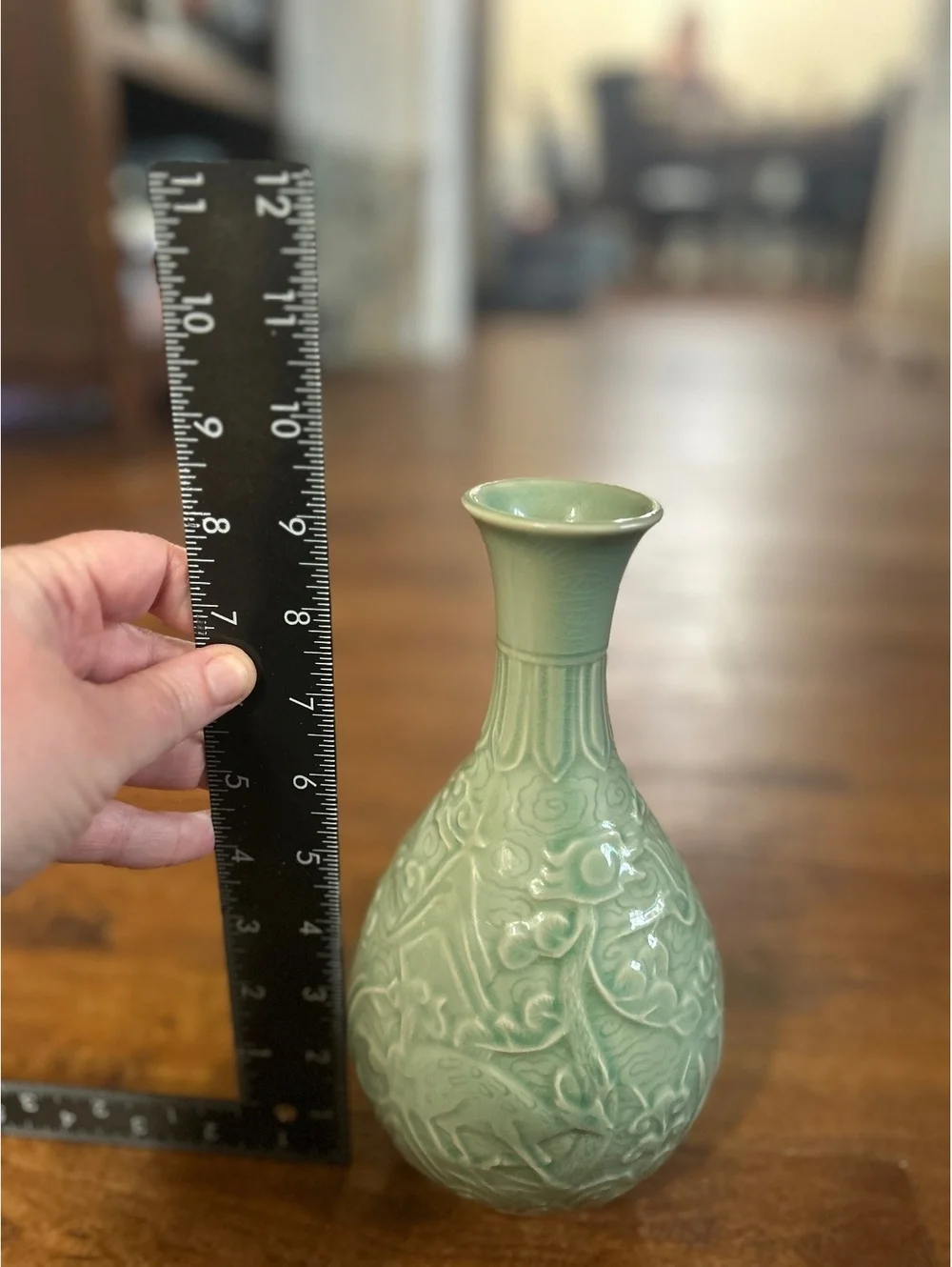 Celadon Green Ceramic Vase with Raised Animal and Floral Motifsp